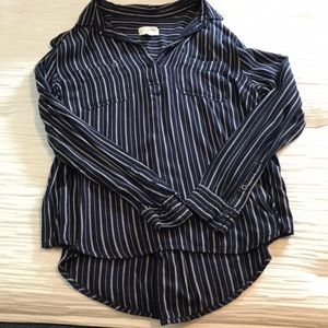 Long sleeve blue and gray striped blouse